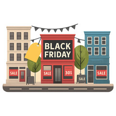 Black Friday clipart with transparent background showing sale signs on buildings and yellow price tag for shopping deals png
