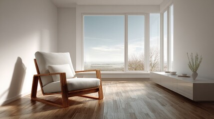 living. Minimalist living space with wooden floors and white walls, bathed in soft natural light for a tranquil ambiance. lifestyle magazines.