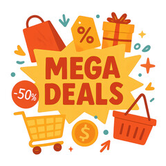 Mega deals clipart with shopping cart, gift box, and discount tag in black friday style png transparent for sale promotion
