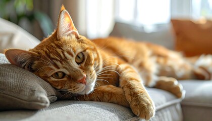Relaxed ginger cat resting on couch