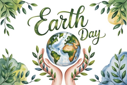 Celebrate Earth Day with vibrant watercolor art of hands holding globe, perfect for environmental awareness campaigns, educational resources, and eco-friendly promotions