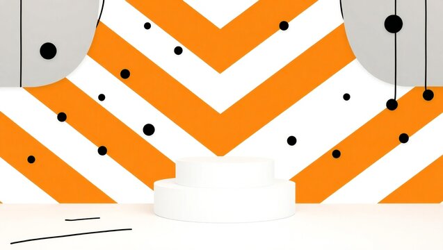 Abstract geometric pattern with orange chevron stripes and black dots on white background