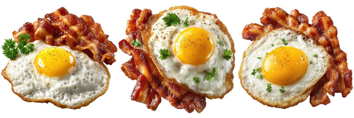Breakfast Delight: A trio of delectable fried eggs with vibrant, sunny-side-up yolks, perfectly accompanied by crispy strips of bacon, a delicious culinary portrait.