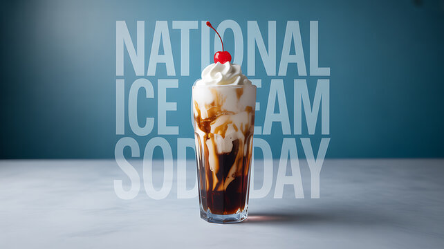 A tall glass of ice cream soda with whipped cream and a cherry, served on a white surface against a blue background with 'National Ice Cream Soda Day' text overlay.