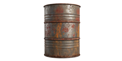 Rusty Industrial Metal Barrel with Corrosion and Red Stains Isolated on Black
Weathered Rusty Oil Drum with Scratches, Dents, and Oxidation on Dark Background