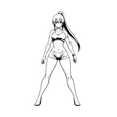 Black and white hot anime character line art illustration, stylish minimal outline drawing in clean style