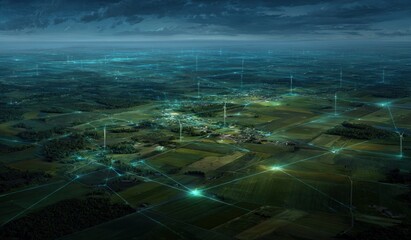 An aerial view of a rural landscape, showcasing a network of interconnected energy infrastructure at night.