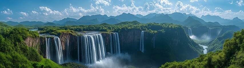 Fototapeta premium Spectacular Huangguoshu Waterfall in China, wide angle shot under blue sky and white clouds, super high definition nature landscape photography, majestic waterfall view.