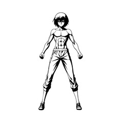 Black and white hot anime character line art illustration, stylish minimal outline drawing in clean style