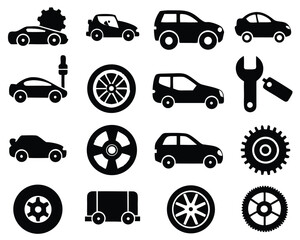 Vector art of car service icons set this set contains various icons related to car service, maintenance, and repair, including wheels, gears, tools, and car parts
