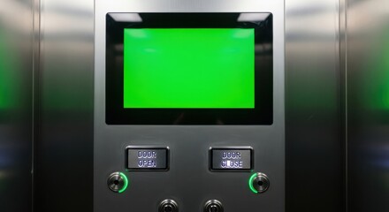 Modern elevator interface with a vibrant green screen display inviting customization and