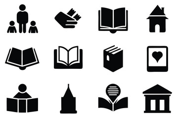 Vector art of collection of black and white vector icons depicting education, knowledge, and learning, perfect for educational resources and designs