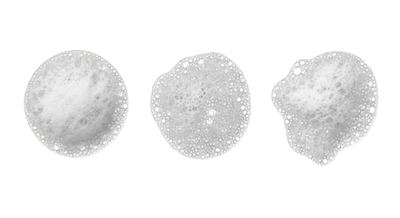 Three white foam blobs with dark bubbles isolated on a transparent background texture