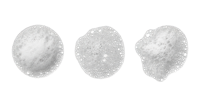 Three white foam blobs with dark bubbles isolated on a transparent background texture