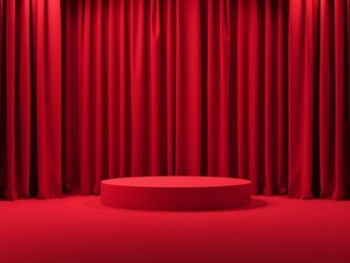 Empty red stage with velvet curtains and spotlight illuminating a round podium