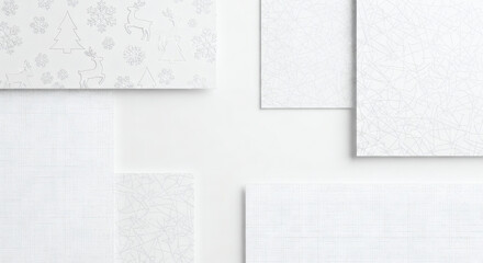 A clean, minimalist composition featuring various white textured papers arranged on a white surface.  The papers display different patterns. This image is ideal for conveying elegance, simplicity.