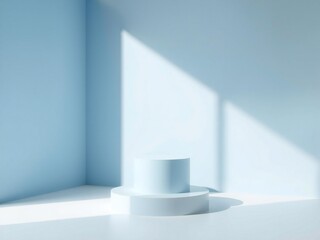 Minimalist light blue studio corner with geometric shadow and pedestal