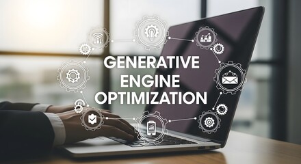 Generative engine optimization concept with laptop and digital marketing icons, modern SEO strategy and artificial intelligence technology