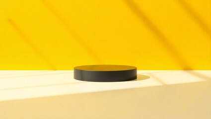 Minimalist dark cylinder podium with yellow background and shadow overlay