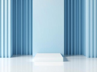 Empty stage with blue curtains and a white podium for product display