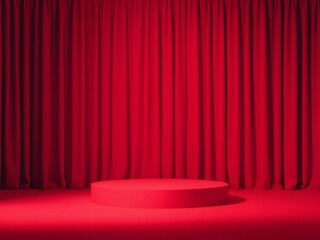 Empty red stage podium with velvet curtains and spotlight