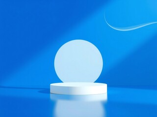 Minimalist blue studio with white pedestal and frosted circle display