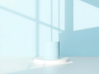 Minimalist light blue studio with geometric shadows and podium