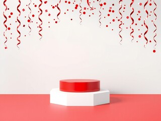 Red and white podium with red streamers for product display