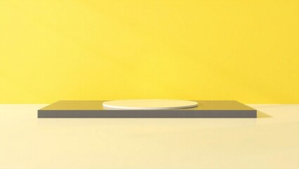 Minimalist yellow background with a grey rectangular platform and white circular object