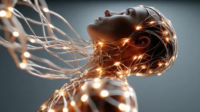 Electric Harmony: An enigmatic individual, adorned with luminous strands of light, gazing skyward. It's a captivating portrayal of the human form, enveloped in a cascade of bright light