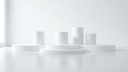 Minimalist arrangement of white geometric shapes and cylinders on a white surface