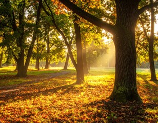 Obraz premium Autumn park bathed in golden sunlight