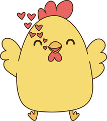 Cute chicken character with joyful expression and hearts around it, radiating happiness