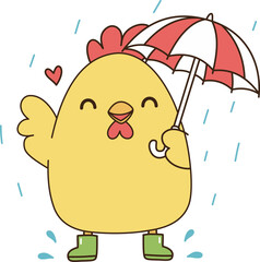 Cute chicken holding umbrella, smiling joyfully in rain, radiating happiness