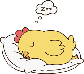 Sleeping chicken on pillow, dreaming peacefully, evokes sense of calm and cuteness