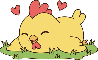 Cute chicken lying on grass with hearts around, expressing joy and affection