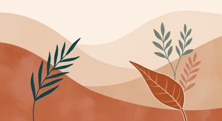 Abstract earthy tones illustration with floral elements and minimalist composition