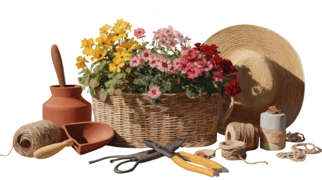 Still life of gardening tools and flowers in a basket isolated on transparent background - Powered by Adobe