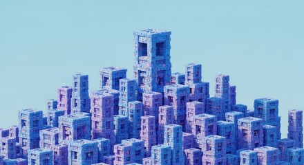 Abstract geometric city with hollow buildings in shades of blue and purple evokes a surreal urban