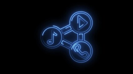 Neon connectivity symbol animation showcasing media play music and communication icons on black background - Powered by Adobe