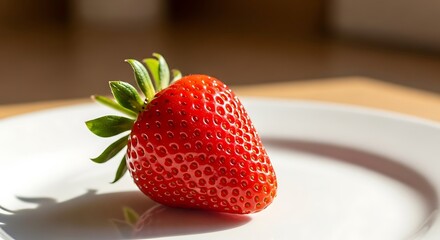 A single red strawberry rests on a white plate under bright light