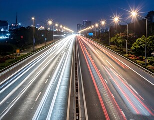 Night highway scene with light trails from speeding cars