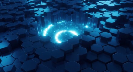 Abstract technology background with glowing portal surrounded by hexagonal structures