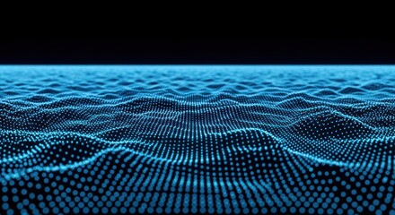 Abstract Technology Background with Wavy Blue Particle Surface and Black Background