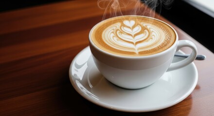 Aesthetic cappuccino artfully poured, rests elegantly on wooden surface ready to drink