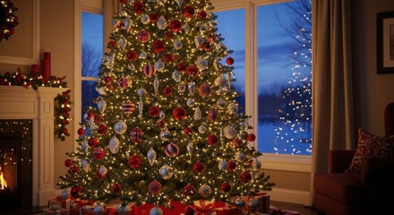 Beautifully decorated Christmas tree illuminating a cozy living room at dusk creating a festive