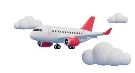 White and red passenger jet airplane flying with clouds isolated on a transparent background
