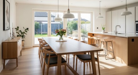 Bright and spacious kitchen and dining area with modern design and natural light shining through