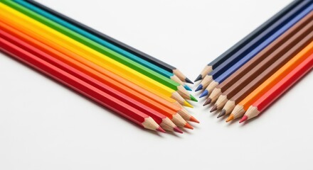 Fototapeta premium Colorful pencils arranged symmetrically on a white background, creating a vibrant rainbow spectrum