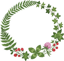 Floral wreath composed of ferns ivy clover and berries on transparent background